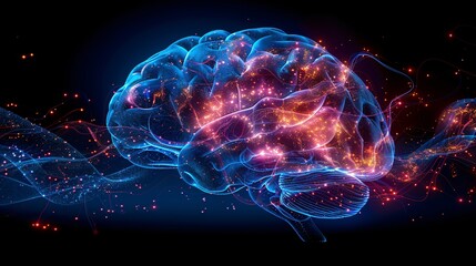 Digital Illustration of a Glowing Human Brain with Neural Networks