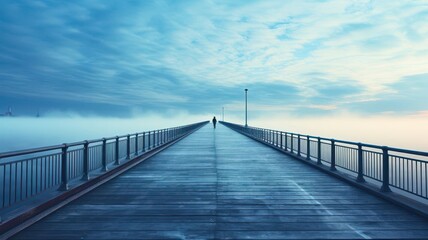 A serene wooden pier stretches into the tranquil blue mist, inviting solitude and reflection beneath a cloudy sky.