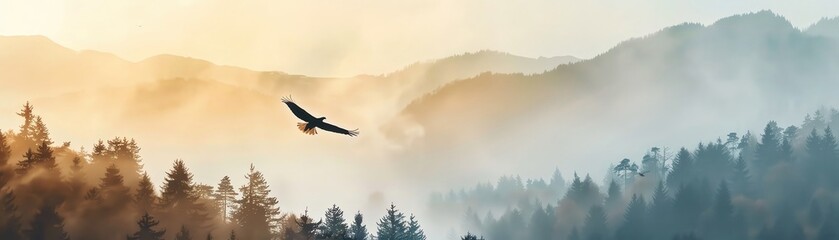 Majestic eagle soaring over misty forested mountains at sunrise, creating a serene and inspirational nature scene.