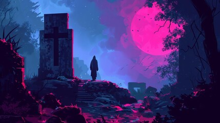 Fototapeta premium Revenant rising from ancient tomb, eerie presence, flat design illustration