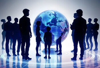 Silhouetted Figures with Holographic Earth Globe