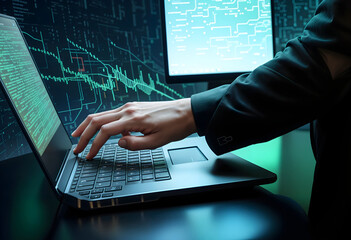 Hands Typing with Stock Market Chart