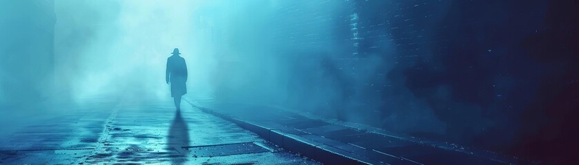 Shadowy figure in misty alley, ominous atmosphere, flat design illustration