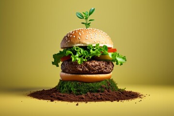 Creative take on a vegan burger with fresh ingredients growing from the soil