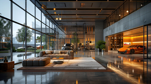 photo of a business car showroom with a glass interior and a workshop