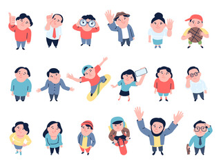 Top view of people. Different characters looking up, adults teenagers children and seniors. Businessman, courier, manager, recent vector set