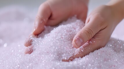 Fototapeta premium Hands holding sparkling pink and white spa salt crystals, showcasing their texture and beauty. Perfect for themes related to wellness, spa treatments, and relaxation.