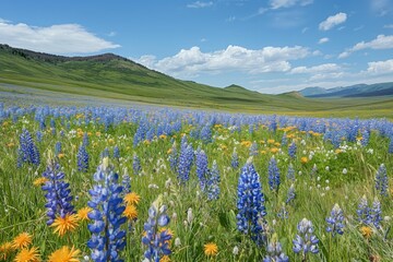 Obraz premium Scenic field of blooming lupines with mountains in the background