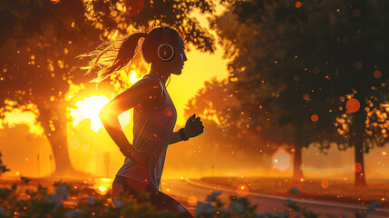 Naklejka premium Peaceful Morning: A young woman with a serene smile, wireless headphones on, jogging along a tranquil lakeside path, the calm water reflecting the soft dawn sky.