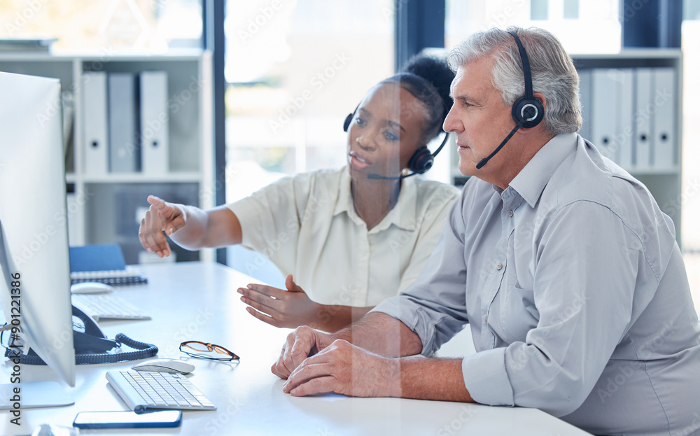 Aufkleber teamwork, business people and pointing on computer in call center, research and customer enquiry wit