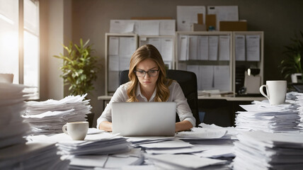 Tired overwhelmed business woman in office surrounded by paperwork and pile of documents on desk. Job burnout, exhaustion and overtime work	