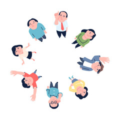 People in circle and look up. Different characters in round. Teenager office worker housewife businessman. Men women adults recent vector set