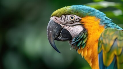 Close-up of a parrot's face, showcasing its expressive eyes and feathers.