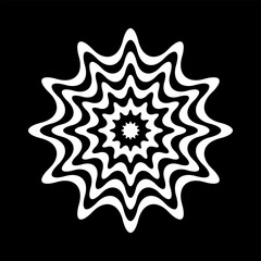 Abstract Radial Wavy Lines Circle White Design Element on Black Background. 