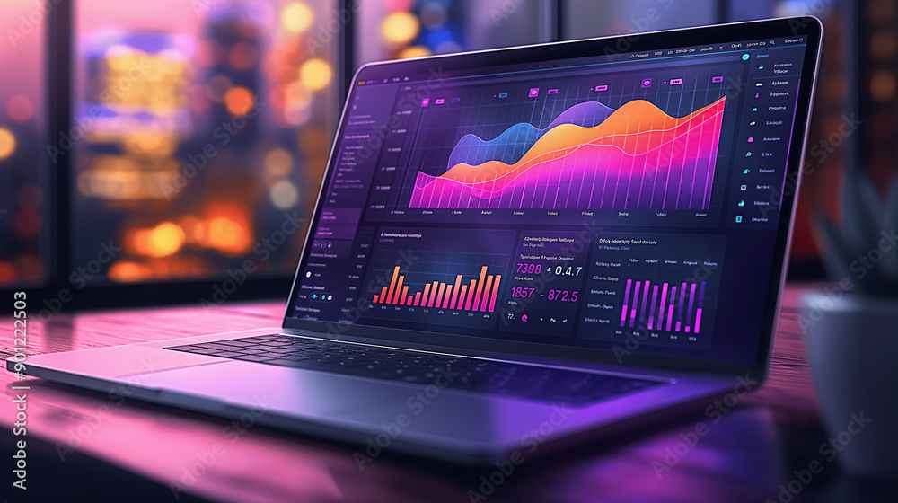 Poster a laptop displaying a colorful graph with purple and pink lines. the graph is showing a trend in dat