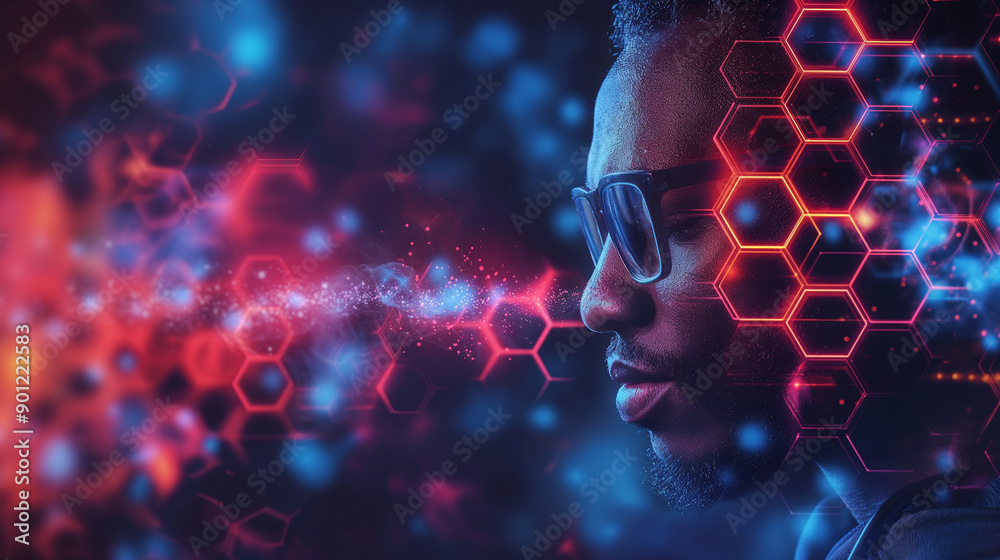 Wall mural a man with glasses is looking at a computer screen with a blue background. the image has a futuristi