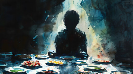Fototapeta premium person isolated in a dark room, surrounded by plates of untouched food, with their shadow stretching and warping behind them in watercolor.