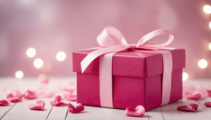 pink gift box with pink satin ribbon, hearts, roses petals and bokeh lights on the background