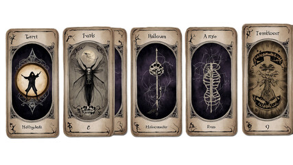 Vintage tarot cards illustration on transparent background for decor.
