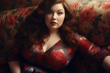 Sophisticated woman with wavy hair posing on a couch with rose patterns