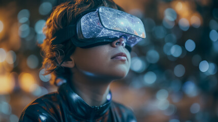 A young boy wearing a virtual reality headset is looking at a screen. Concept of excitement and wonder as the boy explores a new world through the VR headset