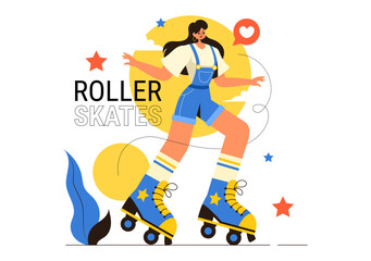 People Riding Roller Skates in a City Park for Outdoor Activities, Sports Recreation or Weekend Leisure on Flat Cartoon Background Vector Illustration