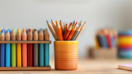 Fototapeta premium A vibrant collection of colored pencils in an orange holder, set against a blurred background of more colorful pencils.