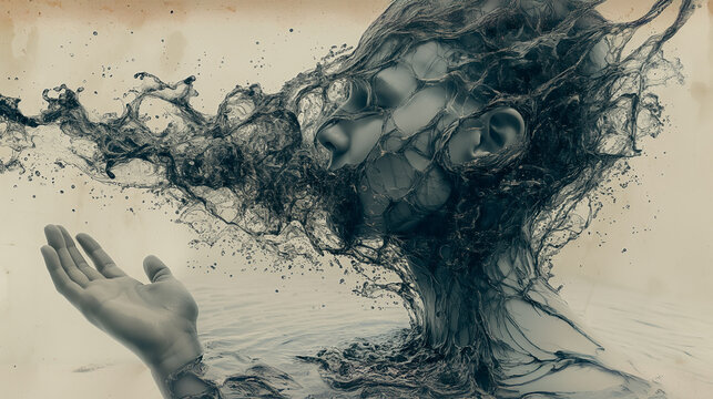 A woman's face is covered in a thick, black substance, and her hand is reaching out to try to catch it. Concept of chaos and destruction