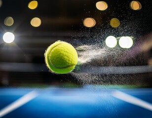 Close-up of a padel ball with a racket about to make contact, with the court and net in the background
