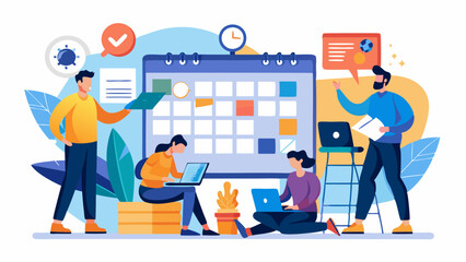 Business planning concept  team working with digital online calendar vector illustration