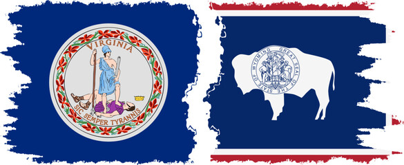 Wyoming and Virginia states grunge brush flags connection, vector