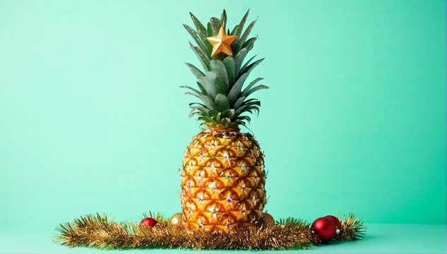 pineapple decorated like a Christmas tree on a solid green background with copy space
