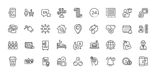 Furniture, 24 hours and Scarf line icons pack. AI, Question and Answer, Map pin icons. Vacancy, Equity, Smile web icon. Certificate, Takeaway coffee, English pictogram. Vector