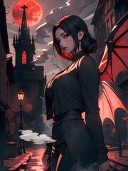 Gothic Vampire Woman with Bat Wings Under Blood Moon
