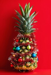 pineapple decorated like a Christmas tree on a solid red background