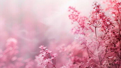 Obraz premium Horizontal soft pink background with delicate flowers and light haze. Generated by artificial intelligence