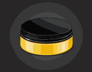 Round yellow glossy plastic jar with ribbed black lid. Storage container for bulk products 