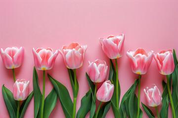 Tulips flowers on a pastel pink background in a flat lay top view composition with copy space for your text message or greeting card design