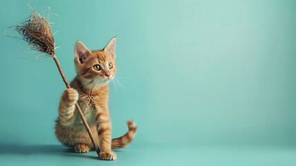 Adorable kitten holding a broomstick, set against a teal background, perfect for Halloween and witch-themed decorations.