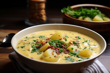 Cozy bowl of creamy potato soup topped with crispy bacon bits and fresh chives