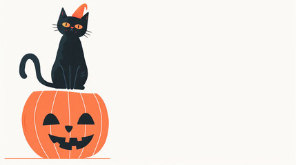 A minimalist illustration of a black cat wearing a witch hat, sitting on a jack-o'-lantern pumpkin against a white background.