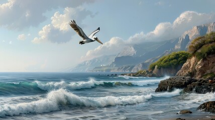 Naklejka premium High above coastal cliffs, a pelican soars gracefully, the coastline stretching below.