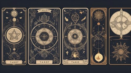 Graphic design with motifs of tarot cards and mystical symbols

