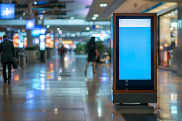 A blue sign is on a post in a large, empty room, generative ai image.