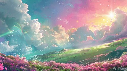 Fototapeta premium A Dreamlike Landscape with Pink Flowers, Rolling Hills, and a Bright Sky