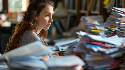 Overwhelmed woman at desk surrounded by mountain of debt papers, struggling with financial crisis