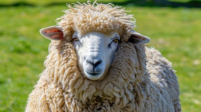 A shaggy sheep walks across a field. The animal looks at the viewer. A farm with pets.