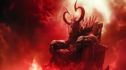 A red-skinned demon sitting on a throne in a fiery environment.