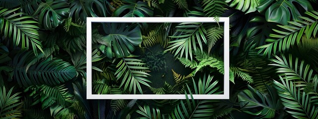 White square frame in the middle of dark green jungle with tropical plants and ferns.