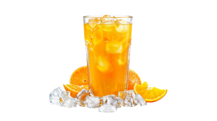 Refreshing Orange Juice with Ice: A tall glass of freshly squeezed orange juice, brimming with ice cubes and accompanied by juicy orange slices, evokes a sense of refreshment and summery bliss.  